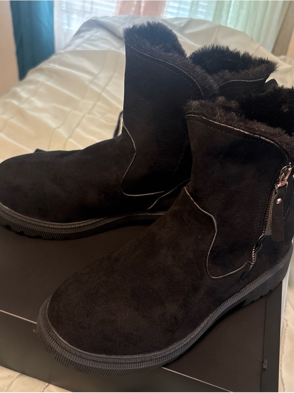 Women's Black Faux-Suede Fur-Lined Ankle Booties